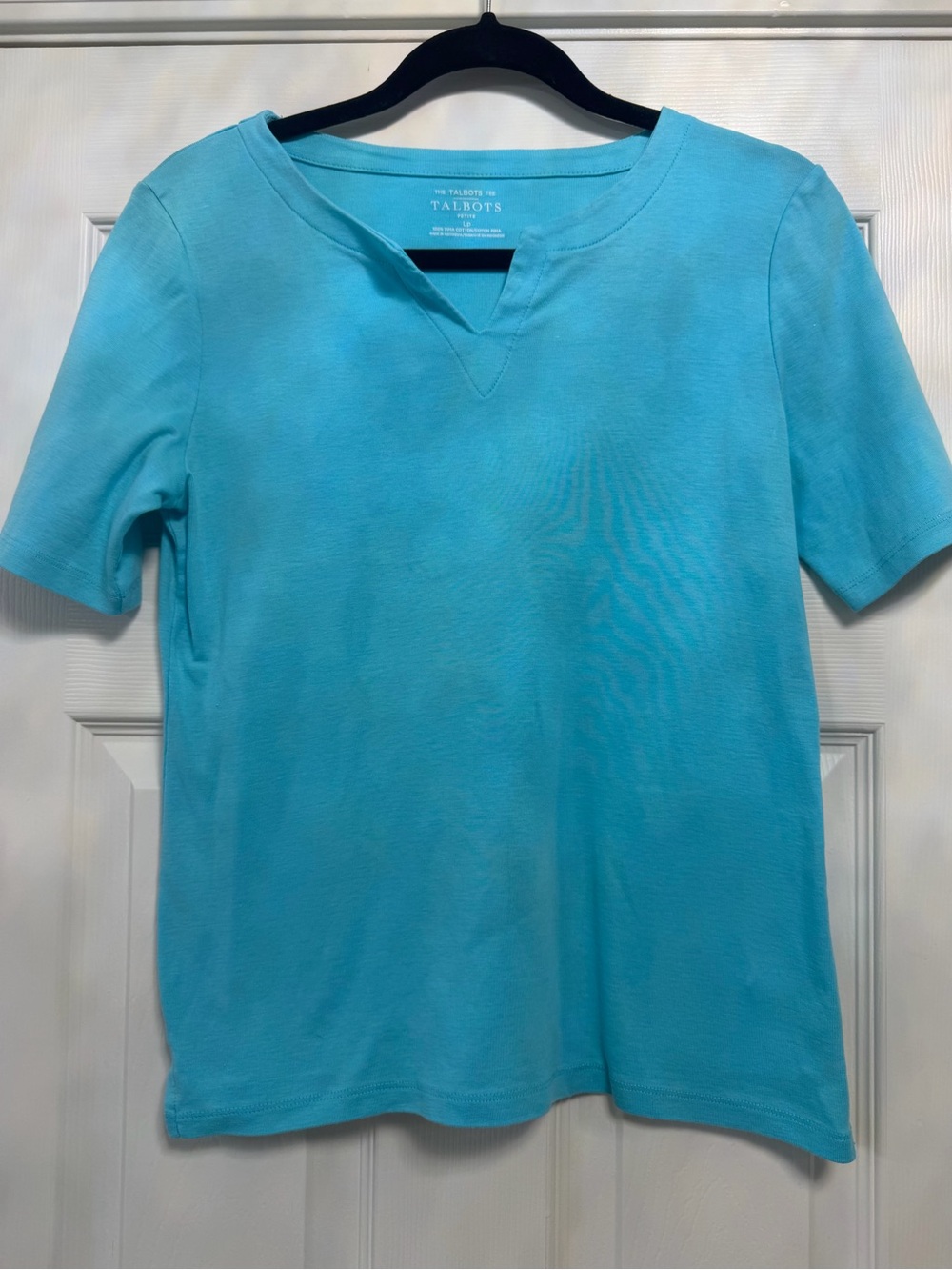 Talbots Short Sleeve Notch Neck Tee Aqua Turquoise 100% Pima Cotton Size LP